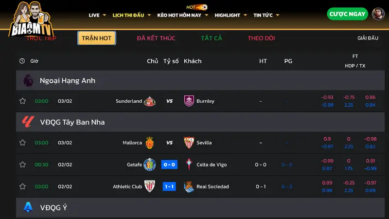 Danh sách giải đấu phát sóng trên Biaomtv